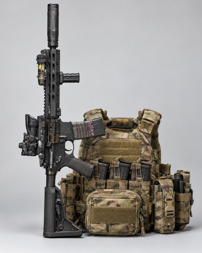 Equipment vest and AR-platform firearm arranged together